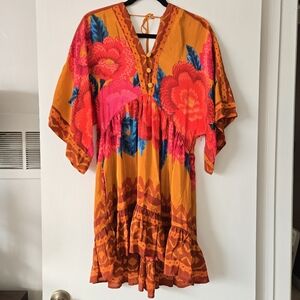 Farm Rio x Anthropologie Vibrant Floral Orange, Pink & Blue Pattern Mini Dress